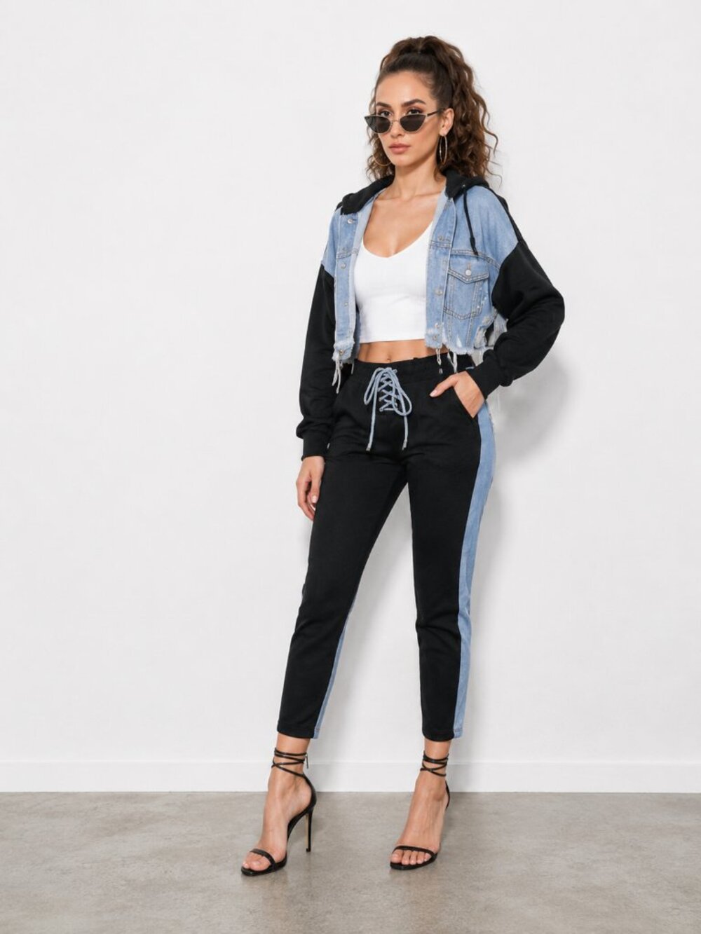 Two Tone Cropped Denim Hoodie Jacket Distressed Y2K NWT